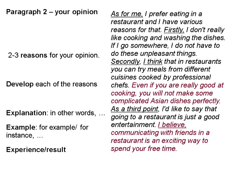 Paragraph 2 – your opinion     2-3 reasons for your opinion.